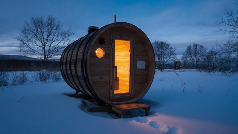 Sauna extérieur en bois éclairé dans un jardin enneigé au crépuscule